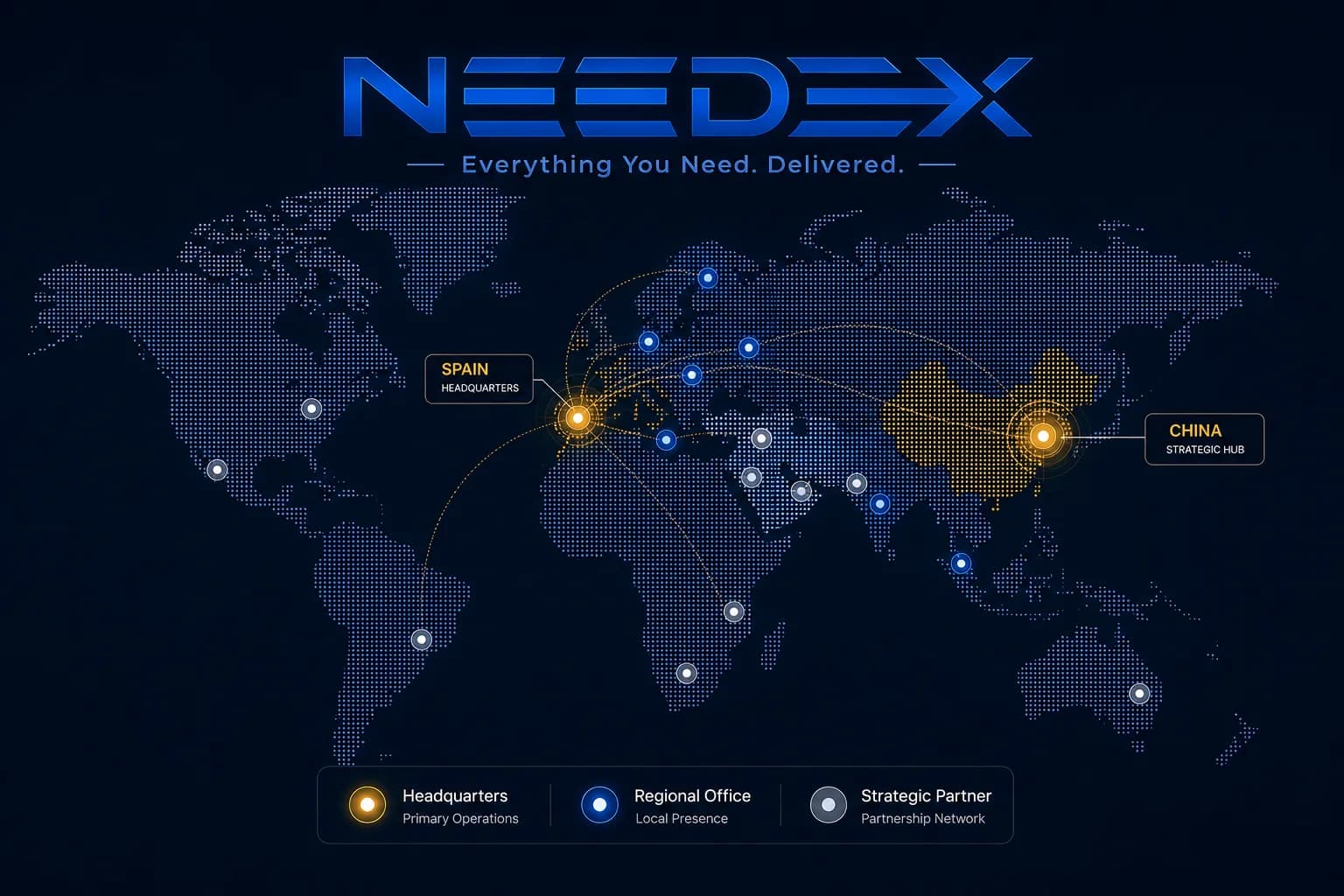 خريطة انتشار NEEDEX — المقر في فلنسيا ومركز الشريك في Yiwu بالصين
